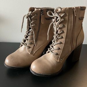 Call it Spring 7, 3” Stacked Heel Lace Up Side Zipper Tan Sock Buckled Boots
